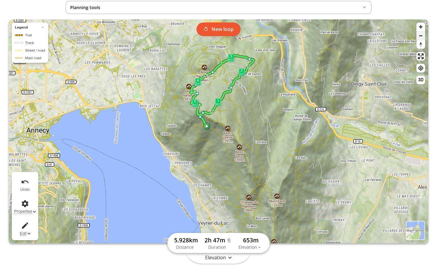 Hiking loop generated around Mont Rampon and Mont Rampignon above Annecy in MapPlanner, with the button to generate another loop and the route stats: 5.9 km, 2 h 47 min and 653 m of elevation gain