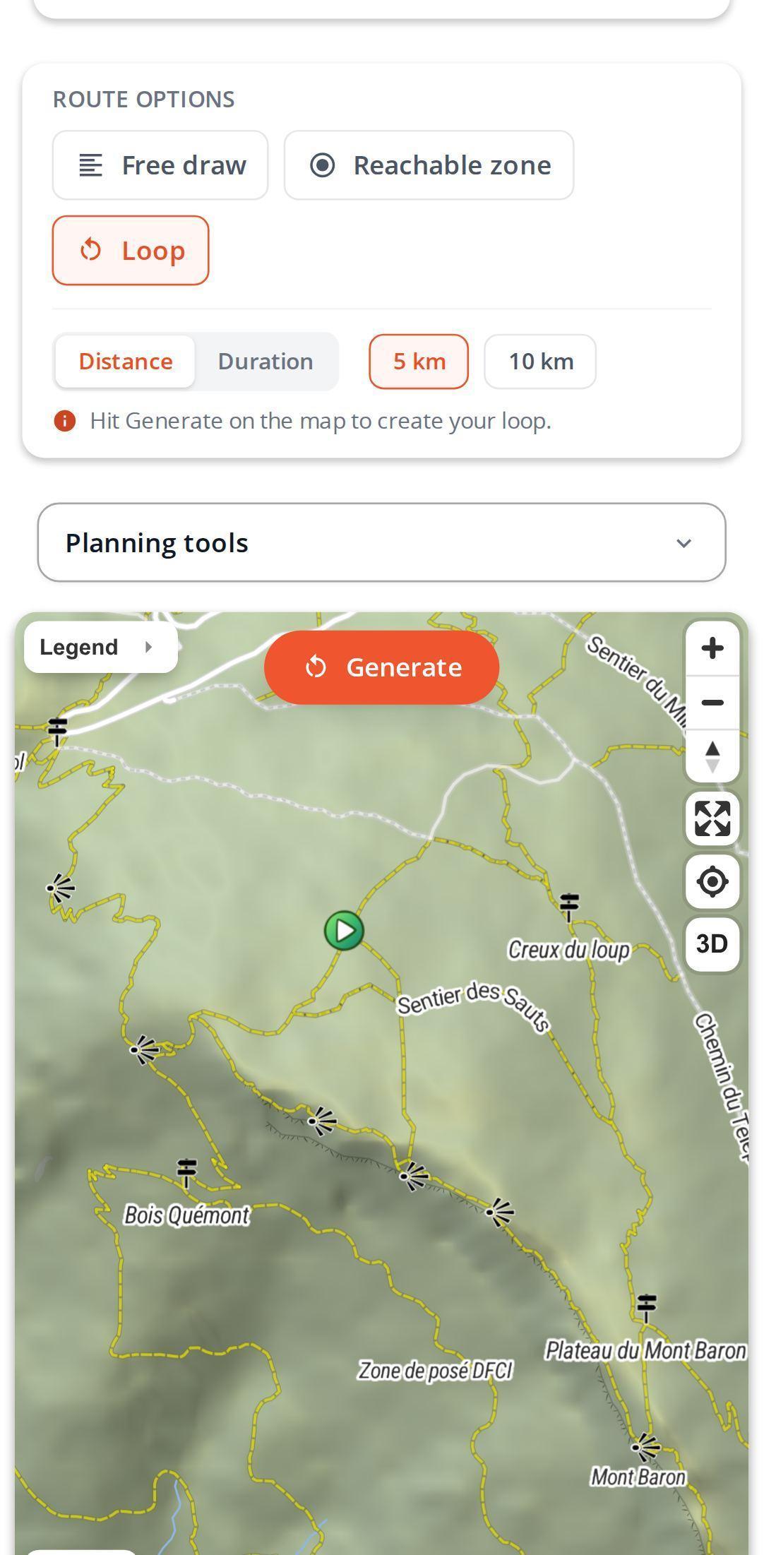 Loop options on a smartphone in MapPlanner: loop mode selected, a choice between distance and duration, 5 km and 10 km values with the generate button on the map next to the start point