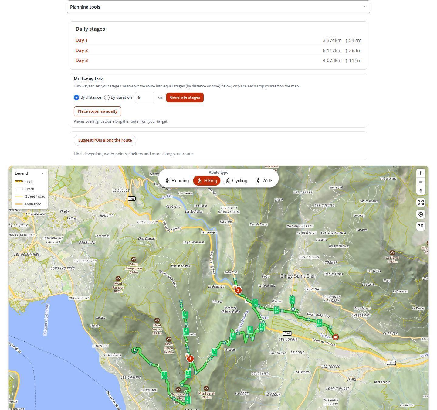 Multi-day hike split into stages in the MapPlanner planner on a desktop computer, with overnight stops placed on the route and the daily stages summary showing day 1, day 2 and day 3 with their distance and elevation gain
