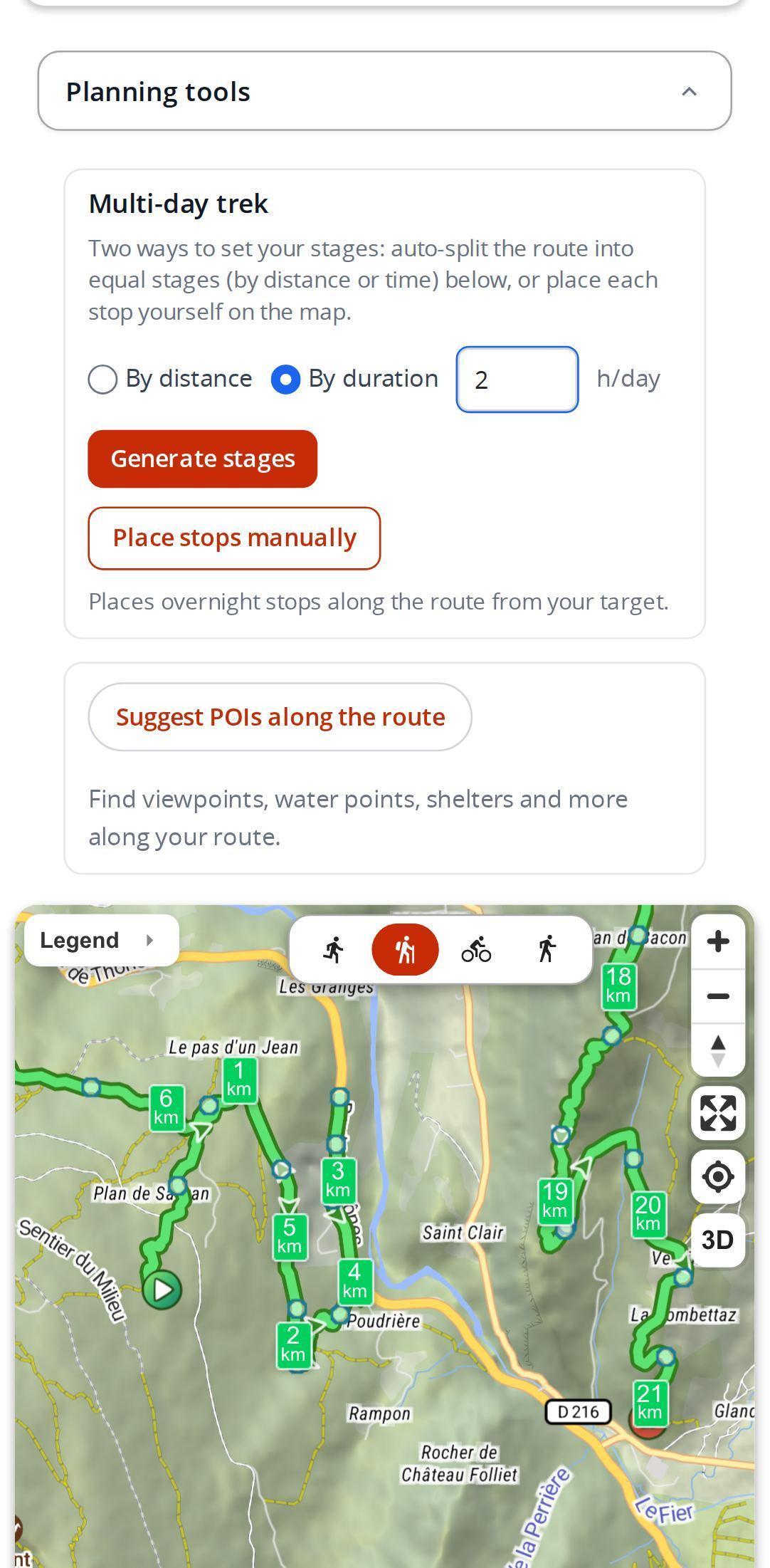 Multi-day trek block on a smartphone in MapPlanner, with the choice between distance and duration, the value in hours per day and the buttons to generate stages or place them by hand