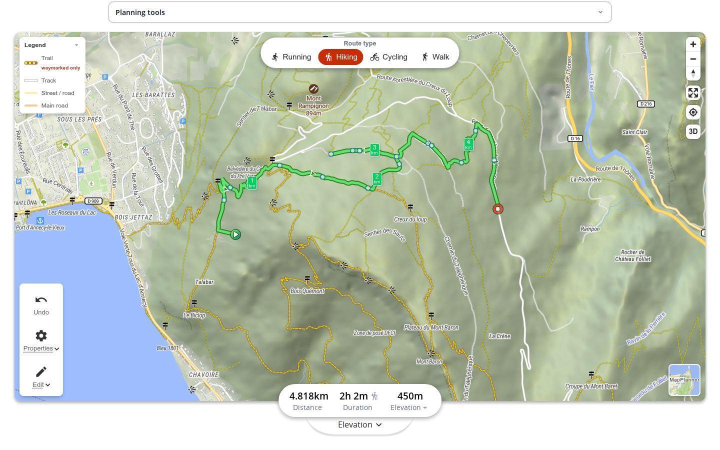 MapPlanner map on desktop with the waymarked trails option on: marked trails stand out with a colored border, other paths are faded and the hiking route follows the waymarks