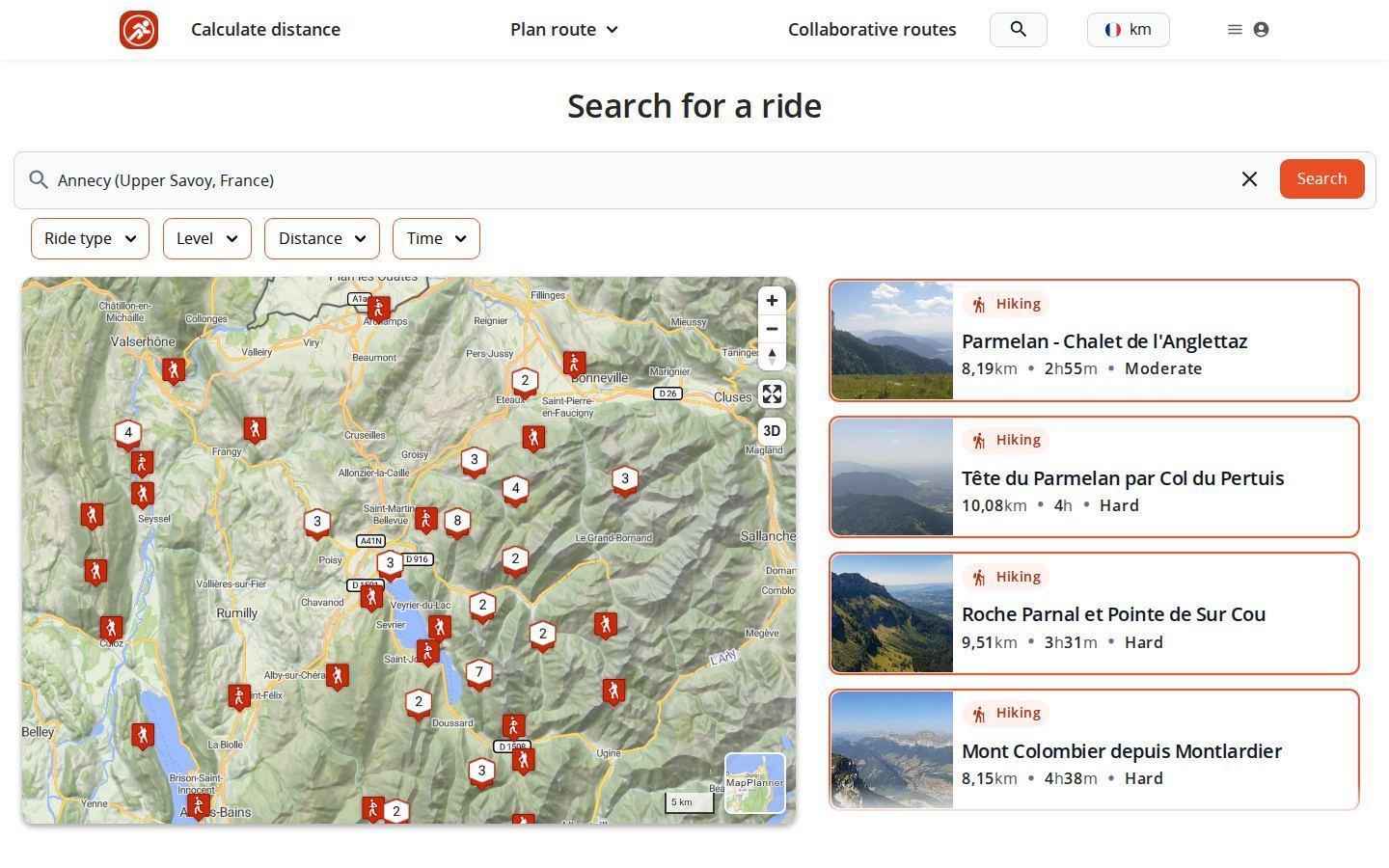 MapPlanner route search page on a desktop: map of the routes found around Annecy, results list on the right and filters for ride type, difficulty level, distance and time