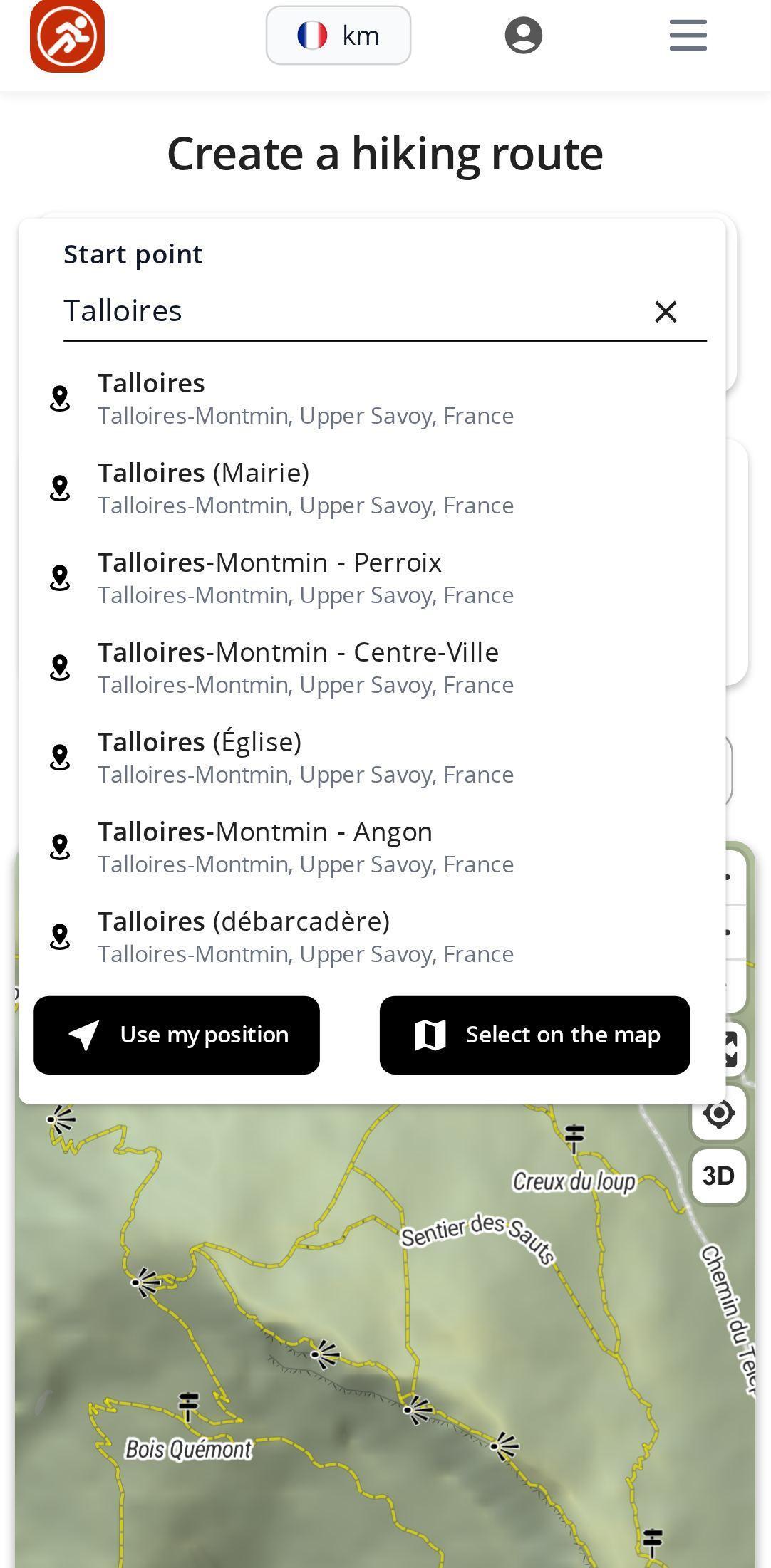 Searching for a place on a smartphone in the MapPlanner planner: search field with the list of suggestions and the buttons to use your position or select a point on the map