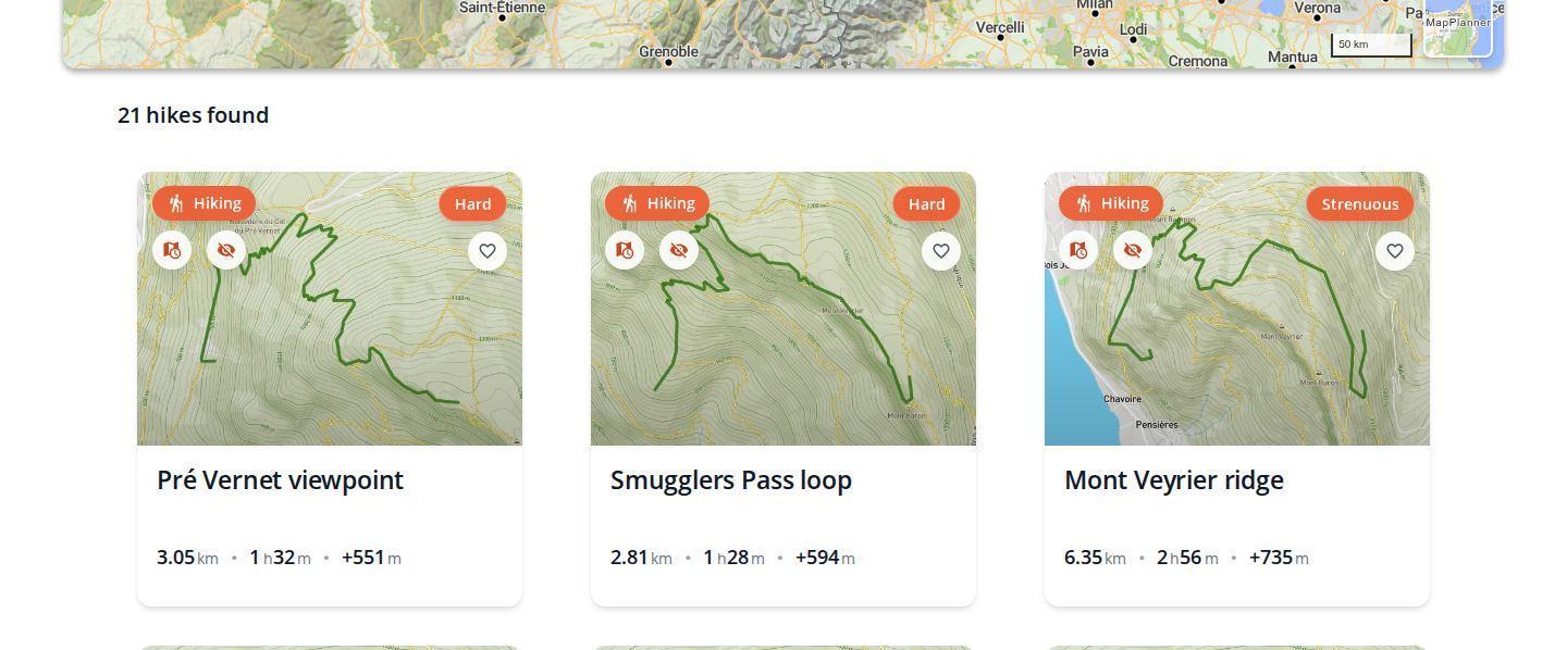 List of planned routes in MapPlanner on a desktop computer, with several saved hikes, their map, distance, duration and elevation gain
