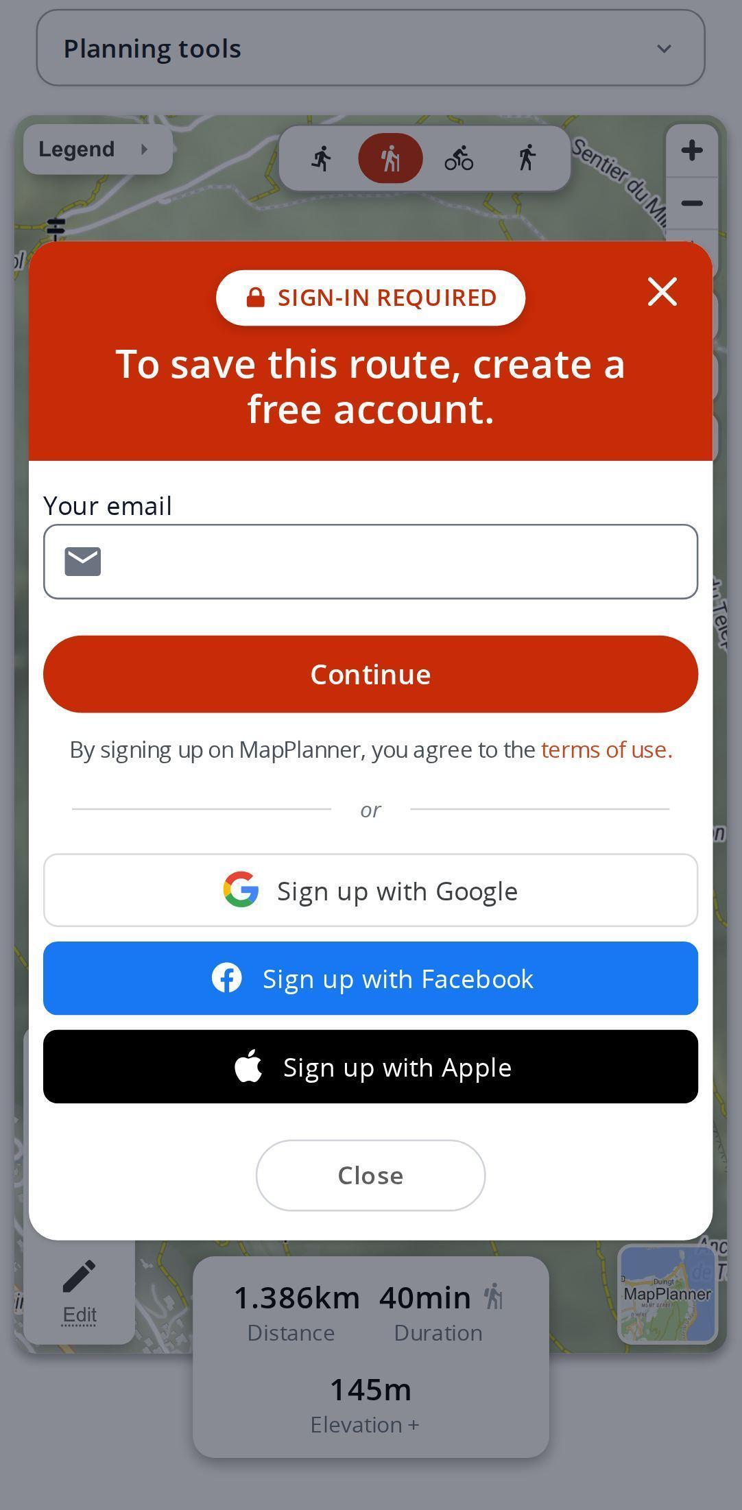 Save window on a smartphone in MapPlanner: email field, button to continue and sign-in with Google, Facebook or Apple above a drawn route