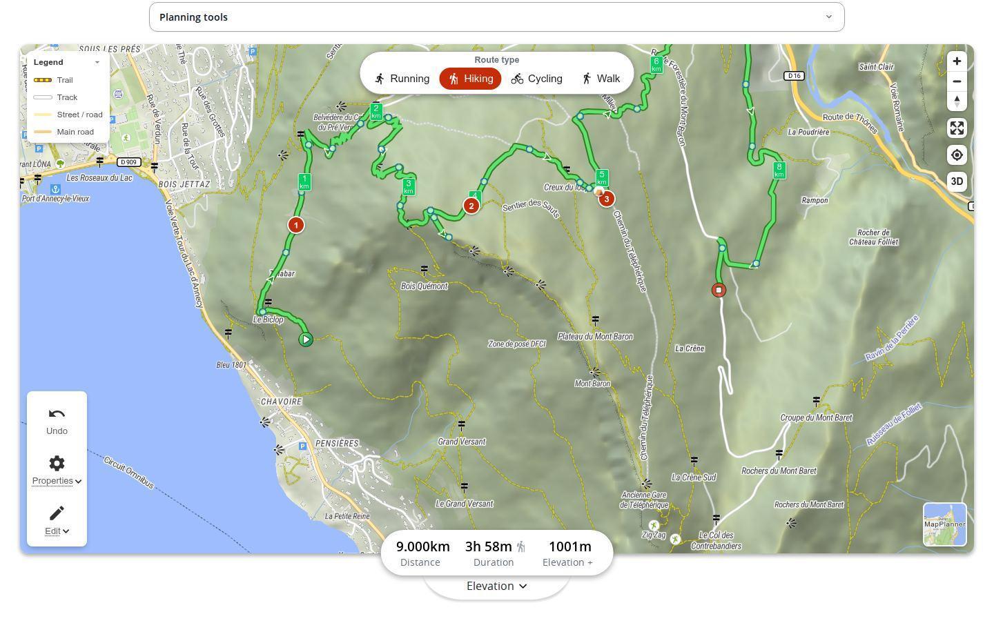 Hiking route above Lake Annecy in MapPlanner on a desktop computer, with three numbered stops placed on the line and the stats: 9.0 km, 3 h 58 min and 1001 m of elevation gain