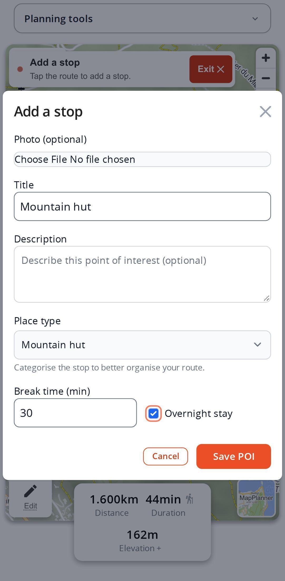 Add-a-stop form on a smartphone in MapPlanner: mountain hut as the place type, a 30-minute break and the overnight stay box checked, in front of the route