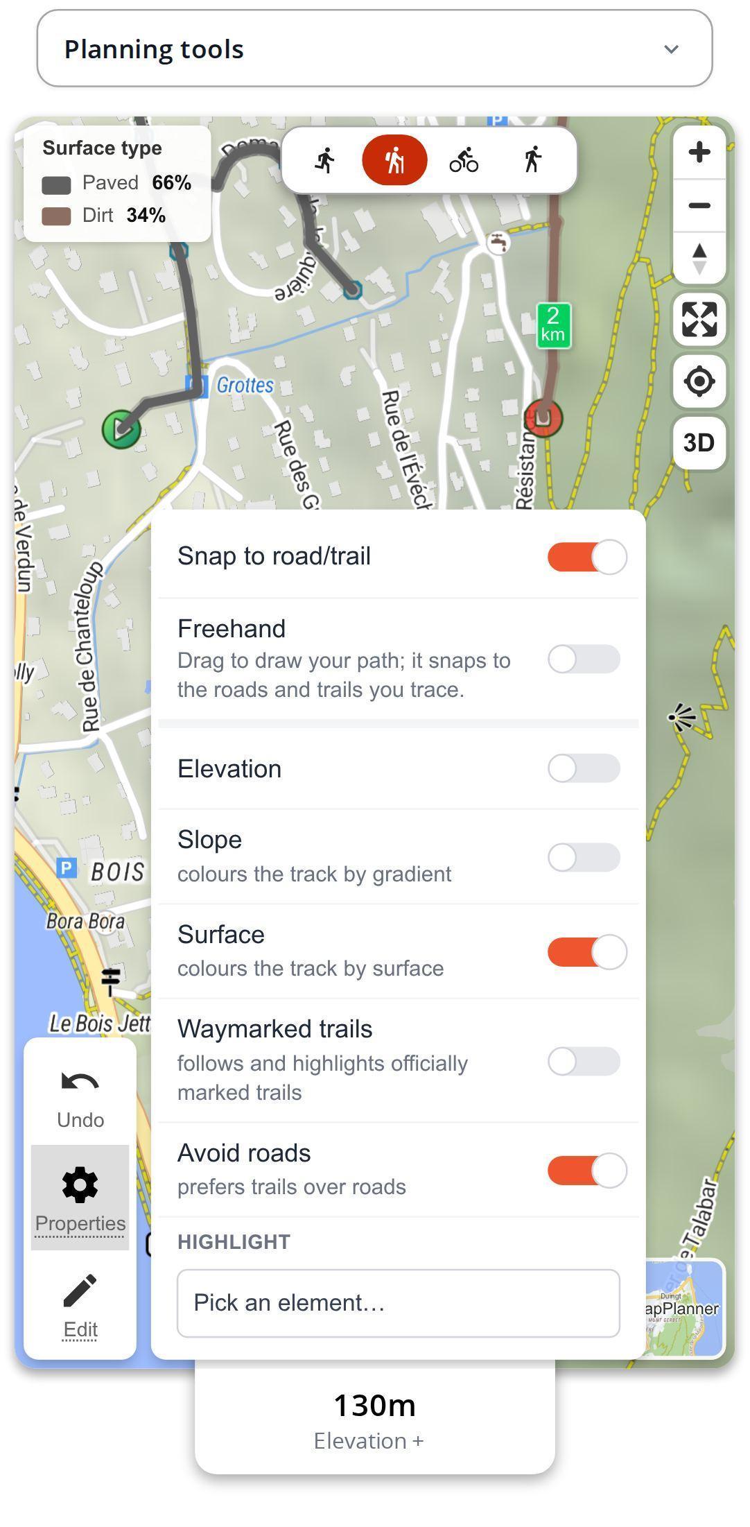 Properties menu open on a smartphone in MapPlanner, with the Elevation, Slope and Surface toggles; route colored by surface with its paved and dirt legend