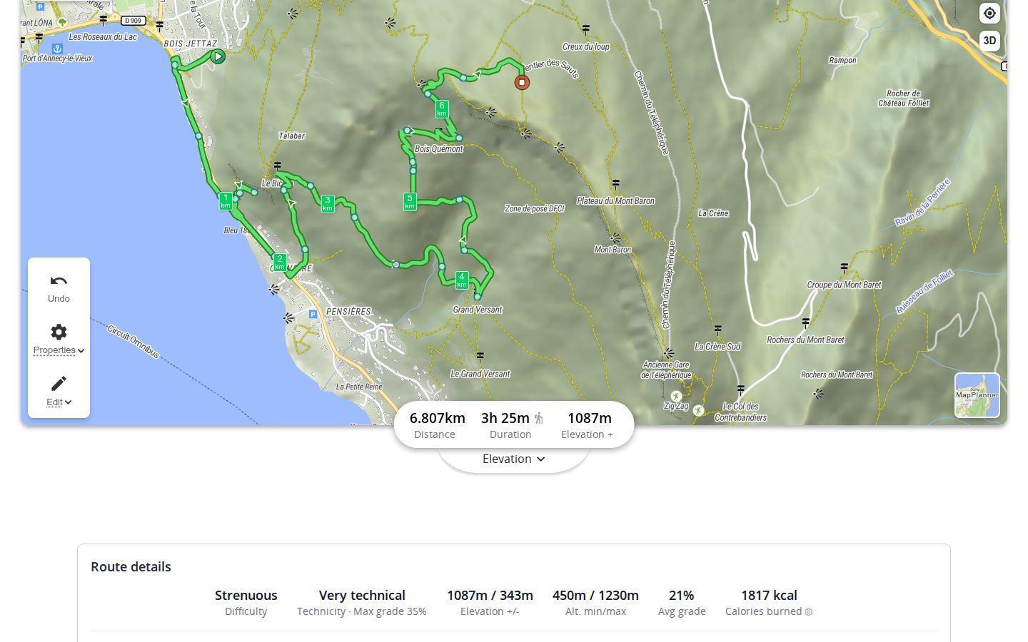 Route details of a hike in the MapPlanner planner: difficulty, technical level with maximum gradient, elevation gain and loss, minimum and maximum altitude, average gradient and calories