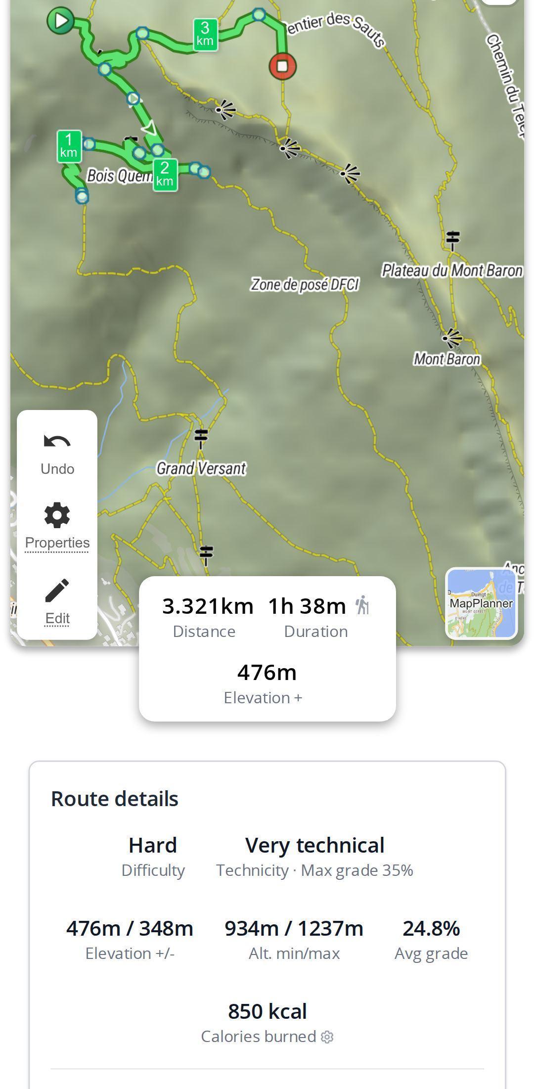Difficulty and technical level of a hike on a smartphone in MapPlanner, shown in the route details under the map