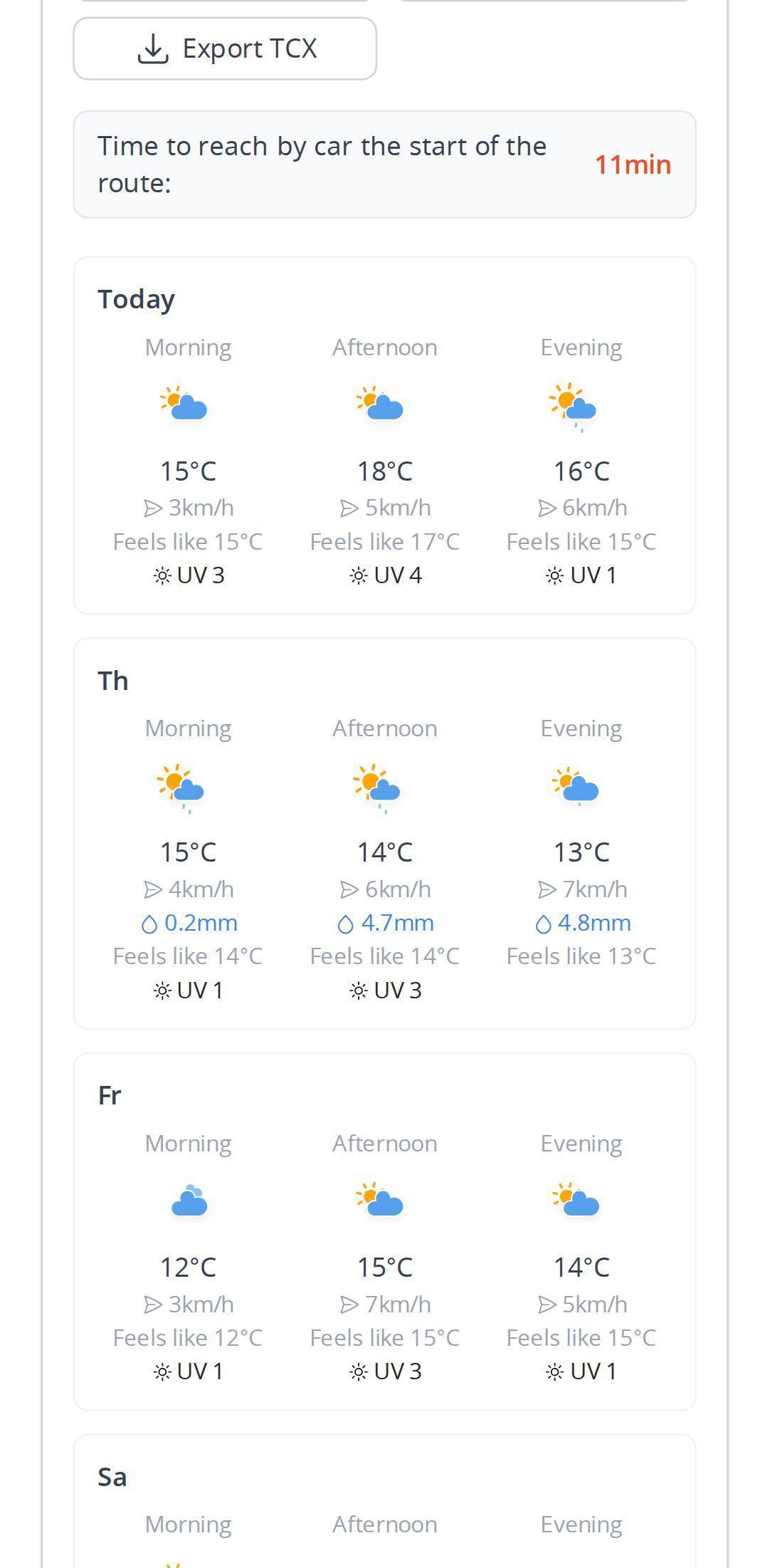 Detailed weather forecast at the start point on a smartphone in MapPlanner, with morning, afternoon and evening for each day, showing temperature, wind, rain, feels-like temperature and UV index