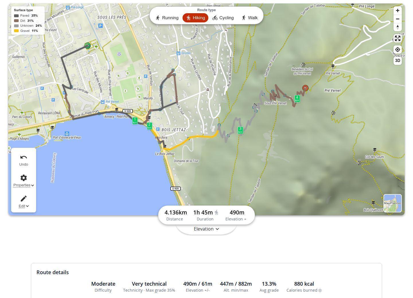 Hiking route colored by surface type in MapPlanner, with the legend showing the share of each surface and the calories in the route details