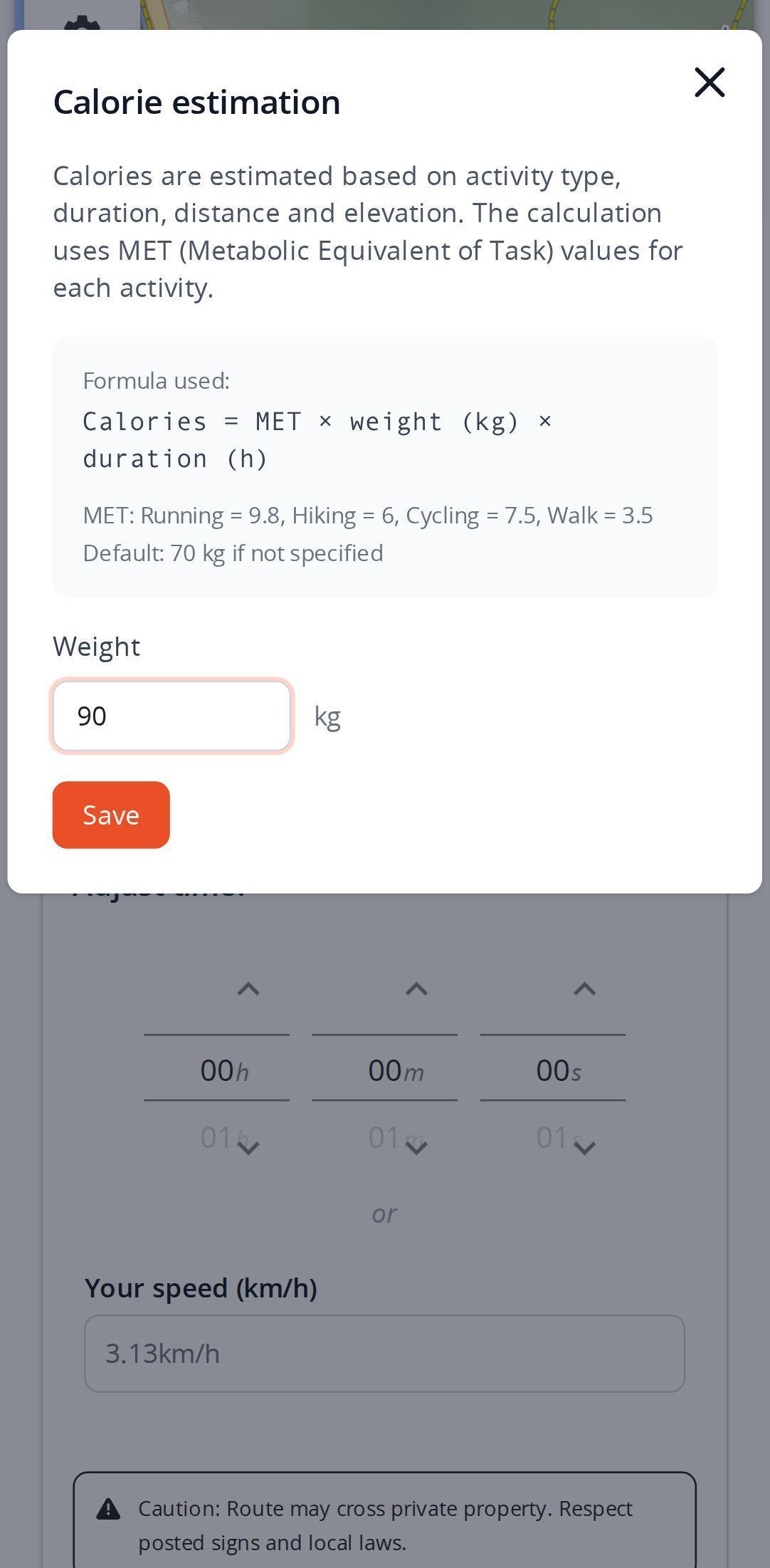 Calorie estimate window on a smartphone in MapPlanner, with the formula used, the MET values per activity and the weight field