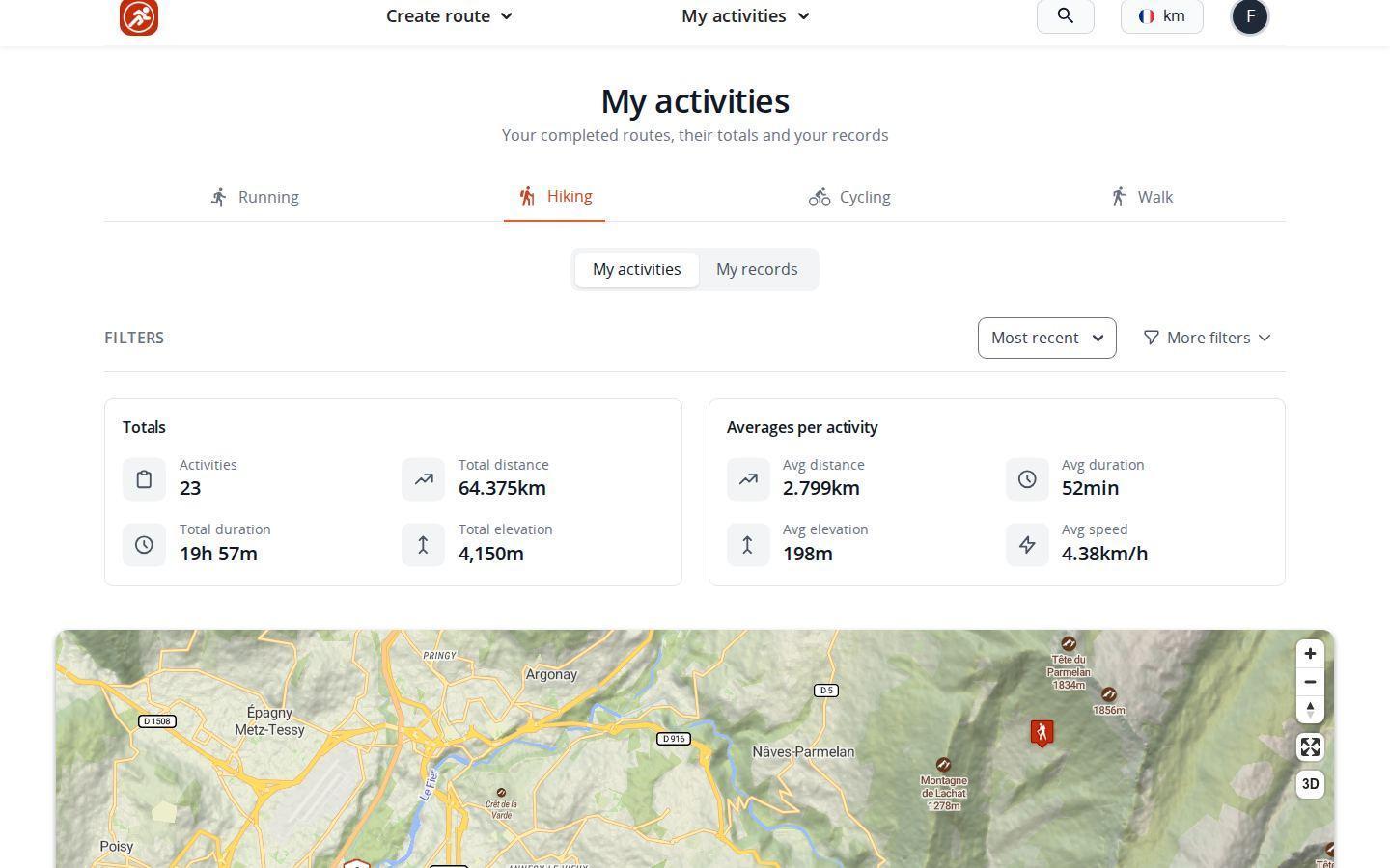 Activity log page on a desktop computer in MapPlanner, with tabs per activity, totals (number of activities, distance, duration and elevation gain) and averages per activity above the map
