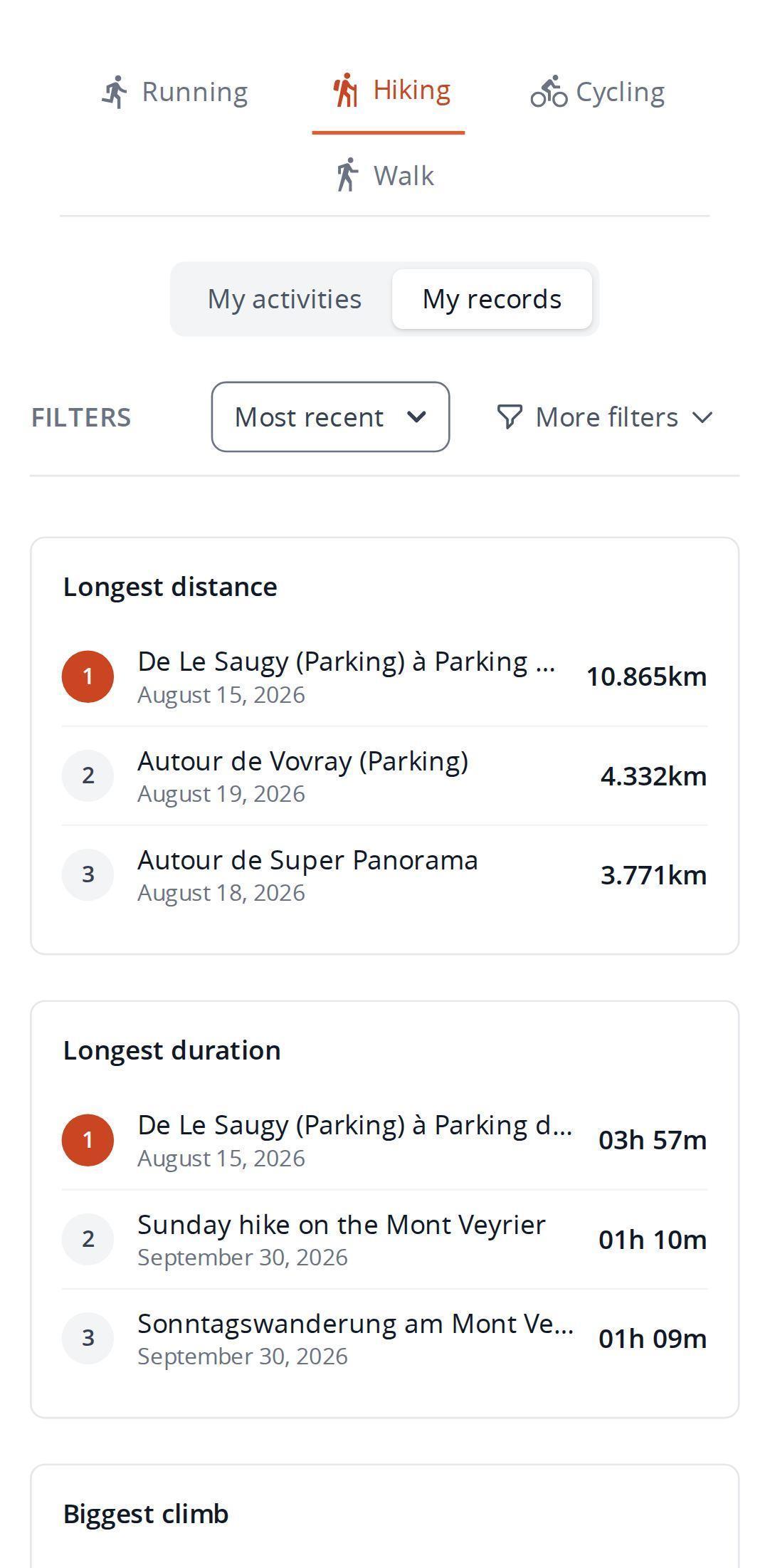Records view on a smartphone in MapPlanner, with the three best hikes for longest distance and longest duration along with their dates