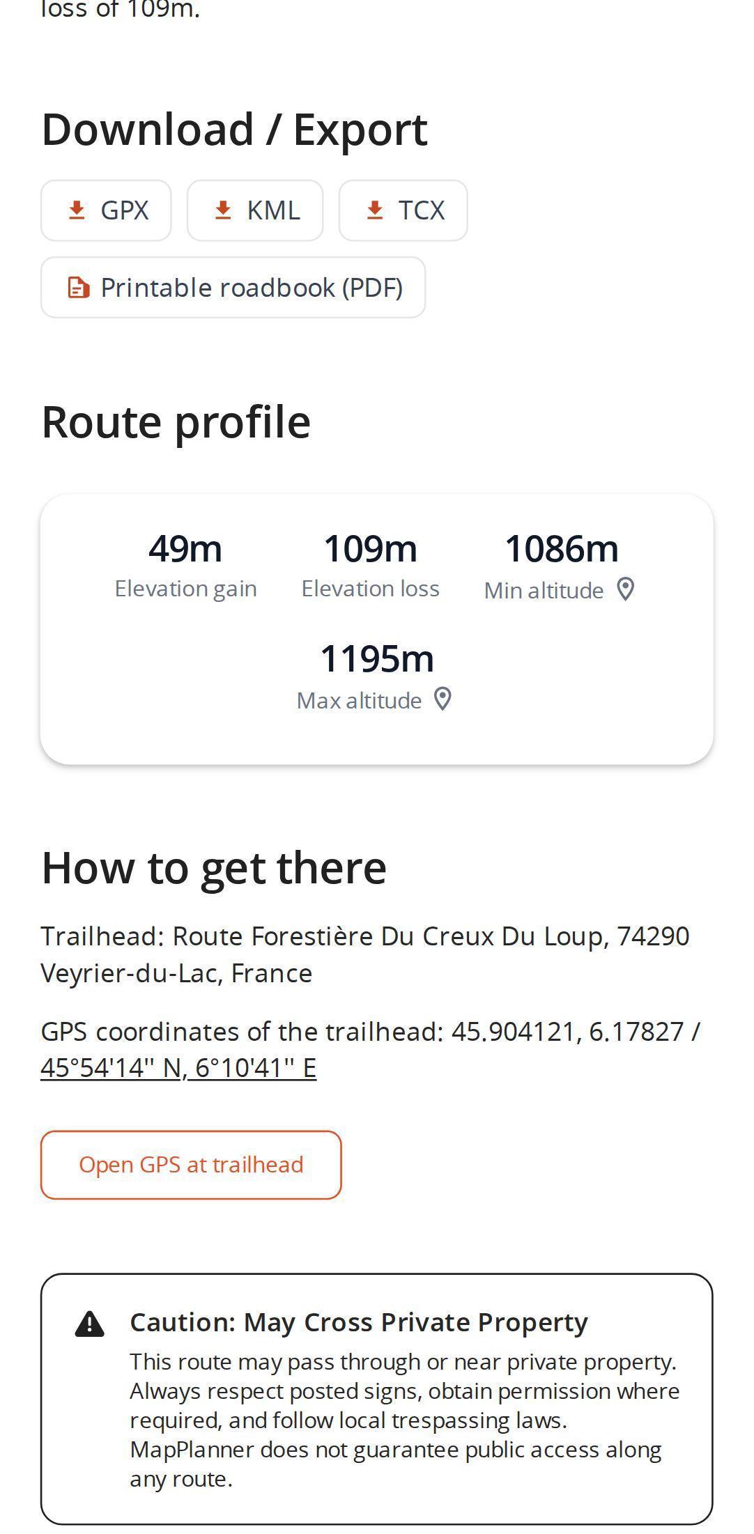 Export options on a MapPlanner route page on a smartphone: GPX, KML and TCX files and the printable PDF roadbook