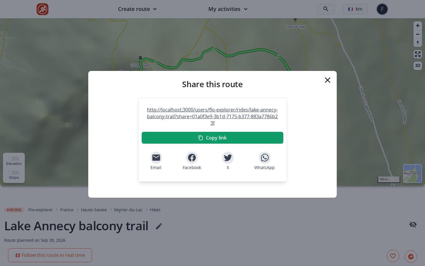 Route share window in MapPlanner on a computer: unique link, copy button and Email, Facebook, X and WhatsApp icons