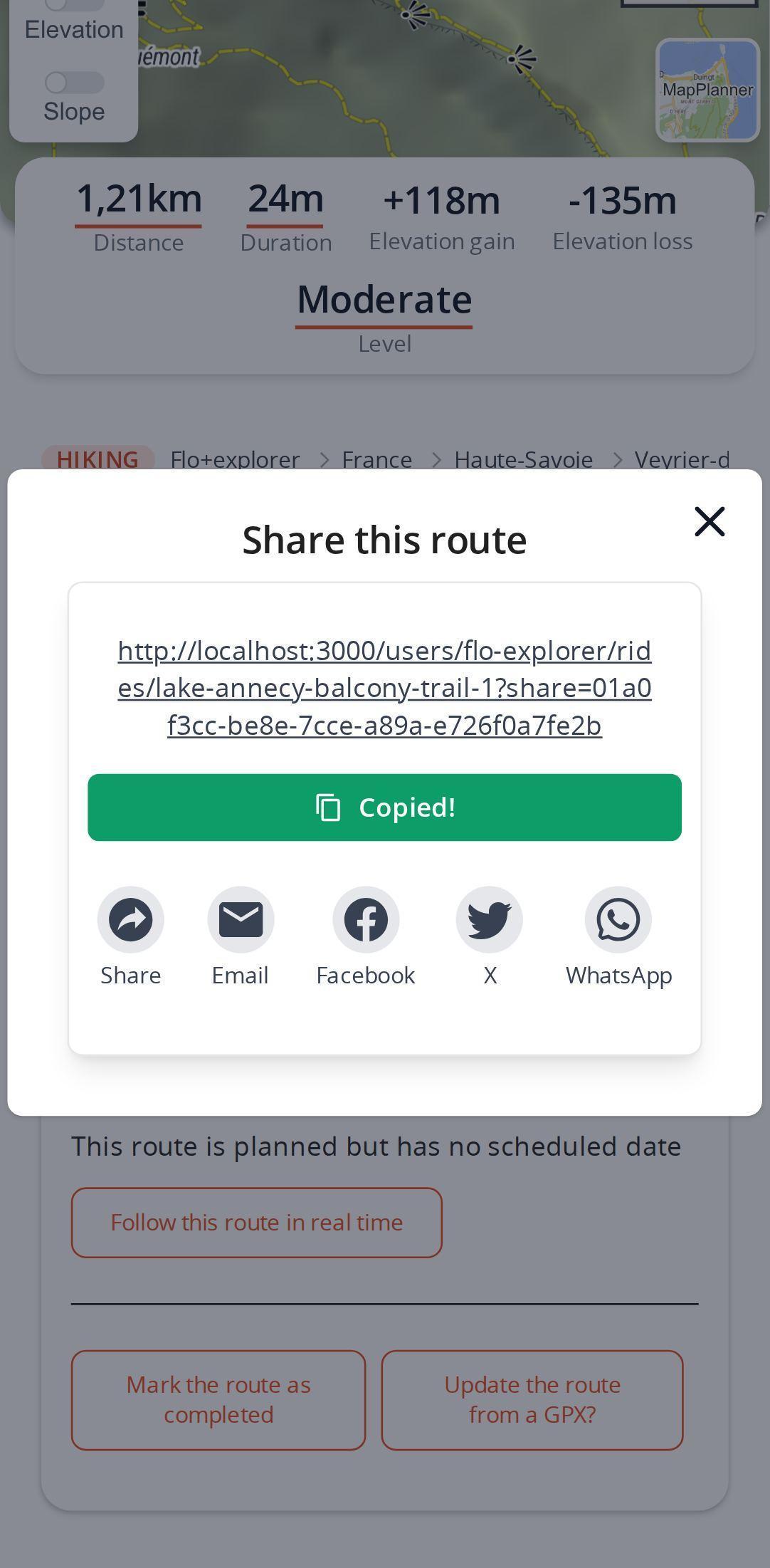 Sharing a route on a smartphone in MapPlanner: unique link copied, the phone's share button and Email, Facebook, X and WhatsApp icons