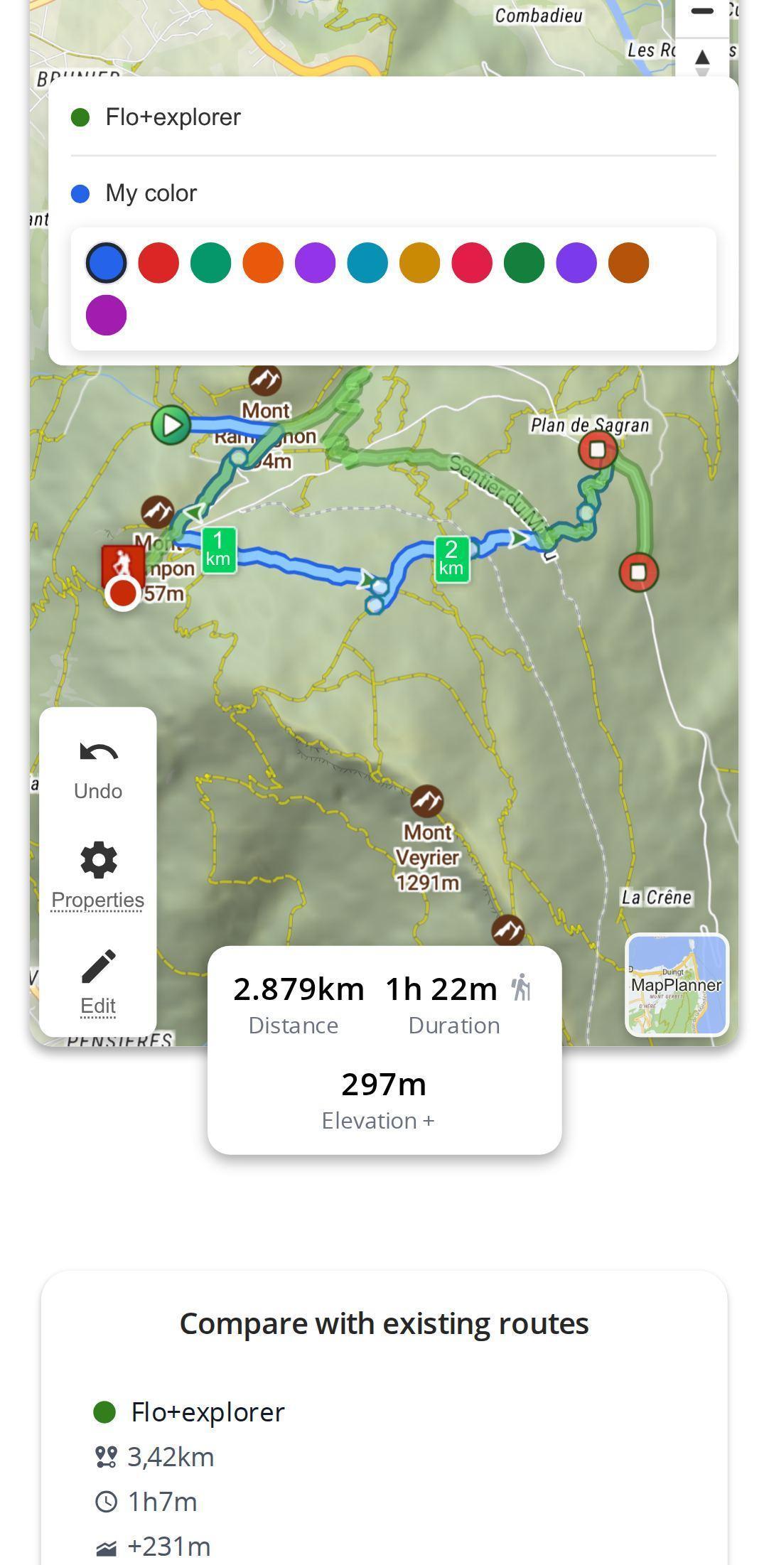 Proposing an alternative route on a smartphone in MapPlanner: route being drawn on the map, the participant's color picker and the table comparing it with existing routes