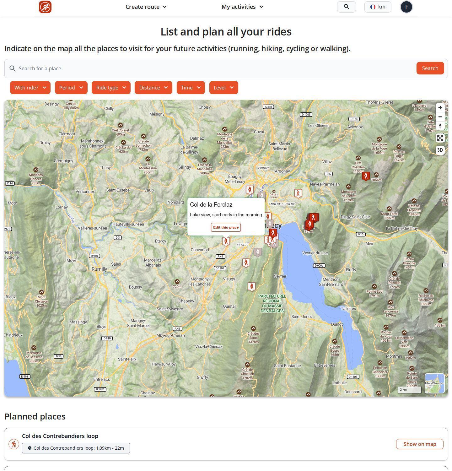 MapPlanner planning page on a desktop: a map with several planned places and one place's popup open, filters above the map and the list of planned places below