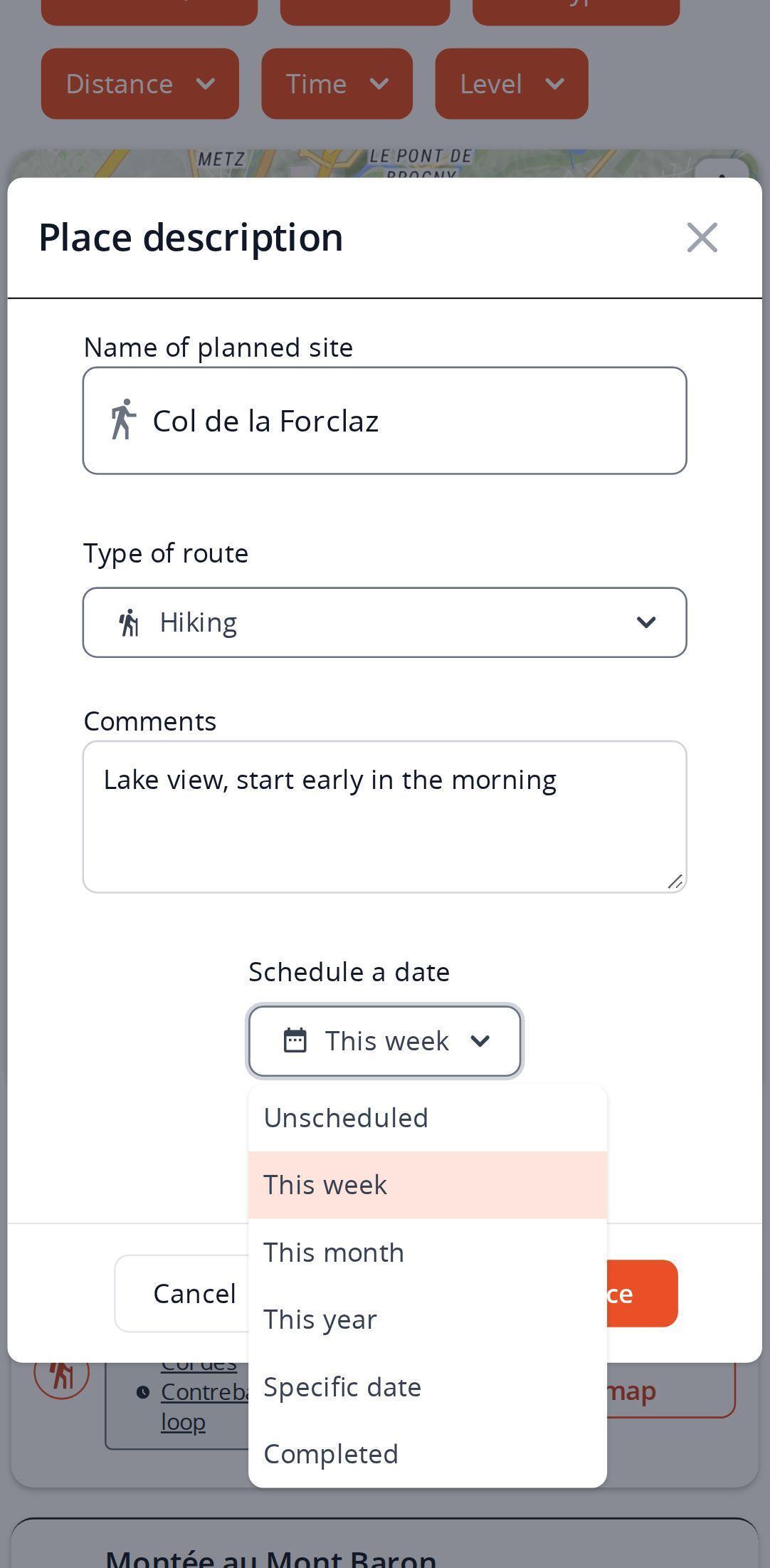 Place description window on a smartphone in MapPlanner: place name, hiking as the activity, a comment and the date menu open on its options, from unscheduled to done