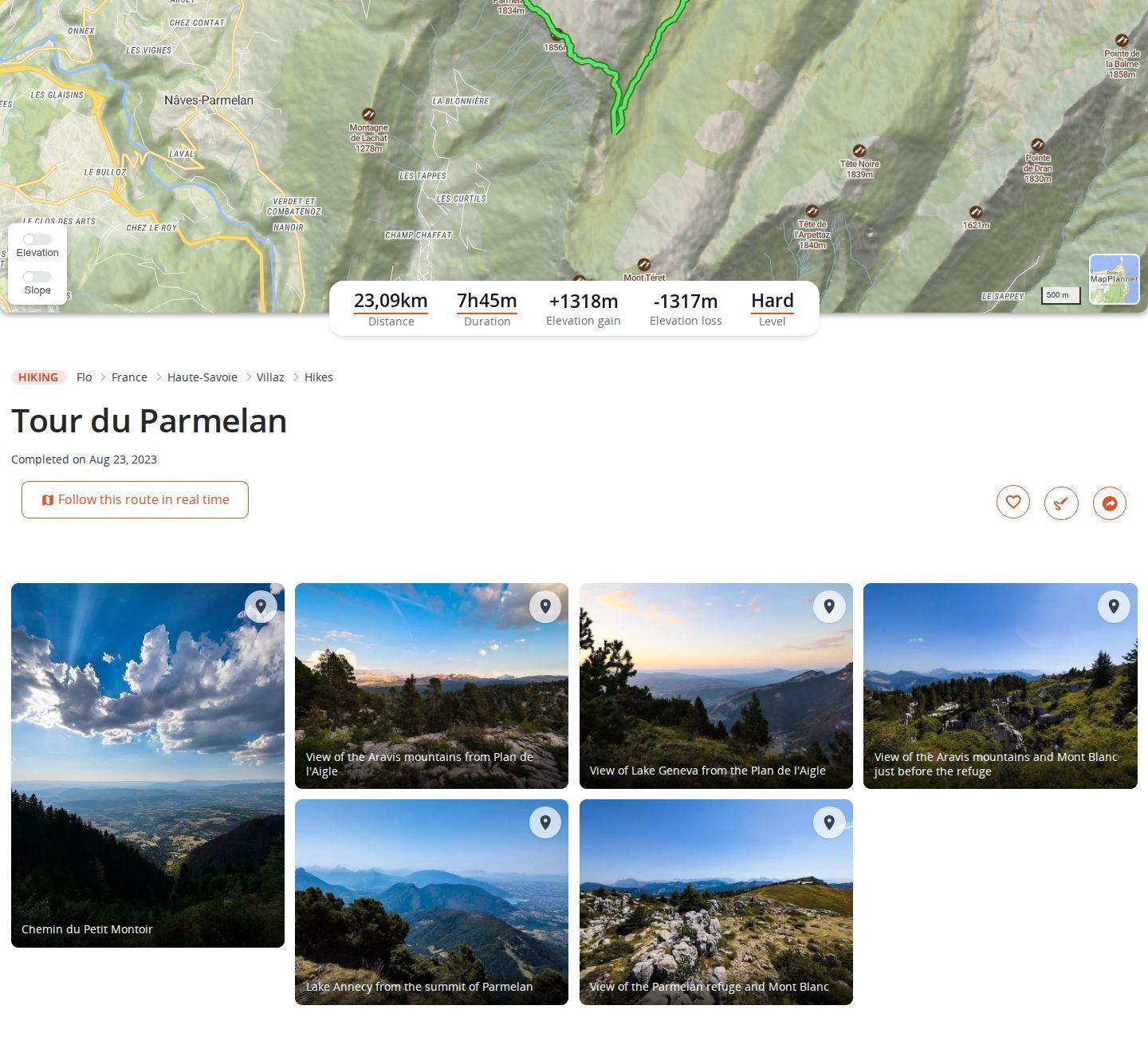 Hiking route page in MapPlanner on a desktop: route map, a stats bar with distance, time, elevation and level, then a gallery of captioned photos
