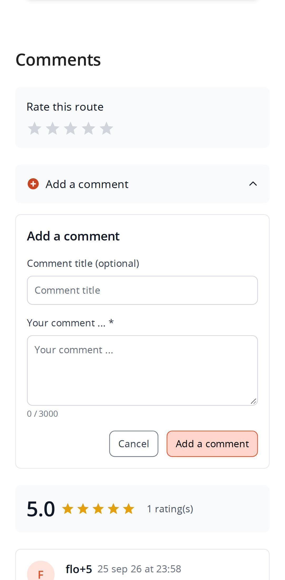 Comments section of a route on a smartphone in MapPlanner: stars to rate the route, the add-a-comment form open and the average rating below